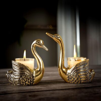 BEHOMA Aluminium Pair of Swans for Good Luck and Love | Candle Holder for Home Decor Tabletop Living Room | Showpiece for Gifting Anniversary Diwali & Navratri Pooja (Candles/Plants Not Included),Gold